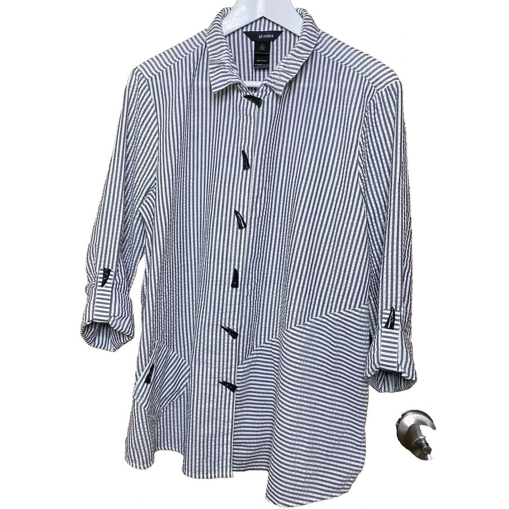 Ali Miles Striped Seersucker Button Front Shirt Roll Tab Sleeves Womens L Gray